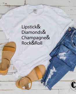T-Shirt Lipstick Diamonds Champagne Rock And Roll men women round neck tee. Printed and delivered from USA or UK