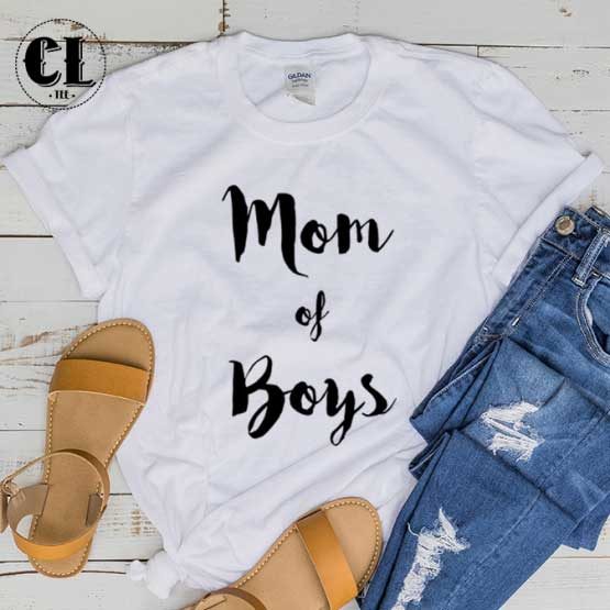 T-Shirt Mom Of Boys men women round neck tee. Printed and delivered from USA or UK.