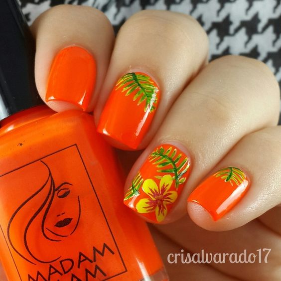 Orange Tropical Floral Nail